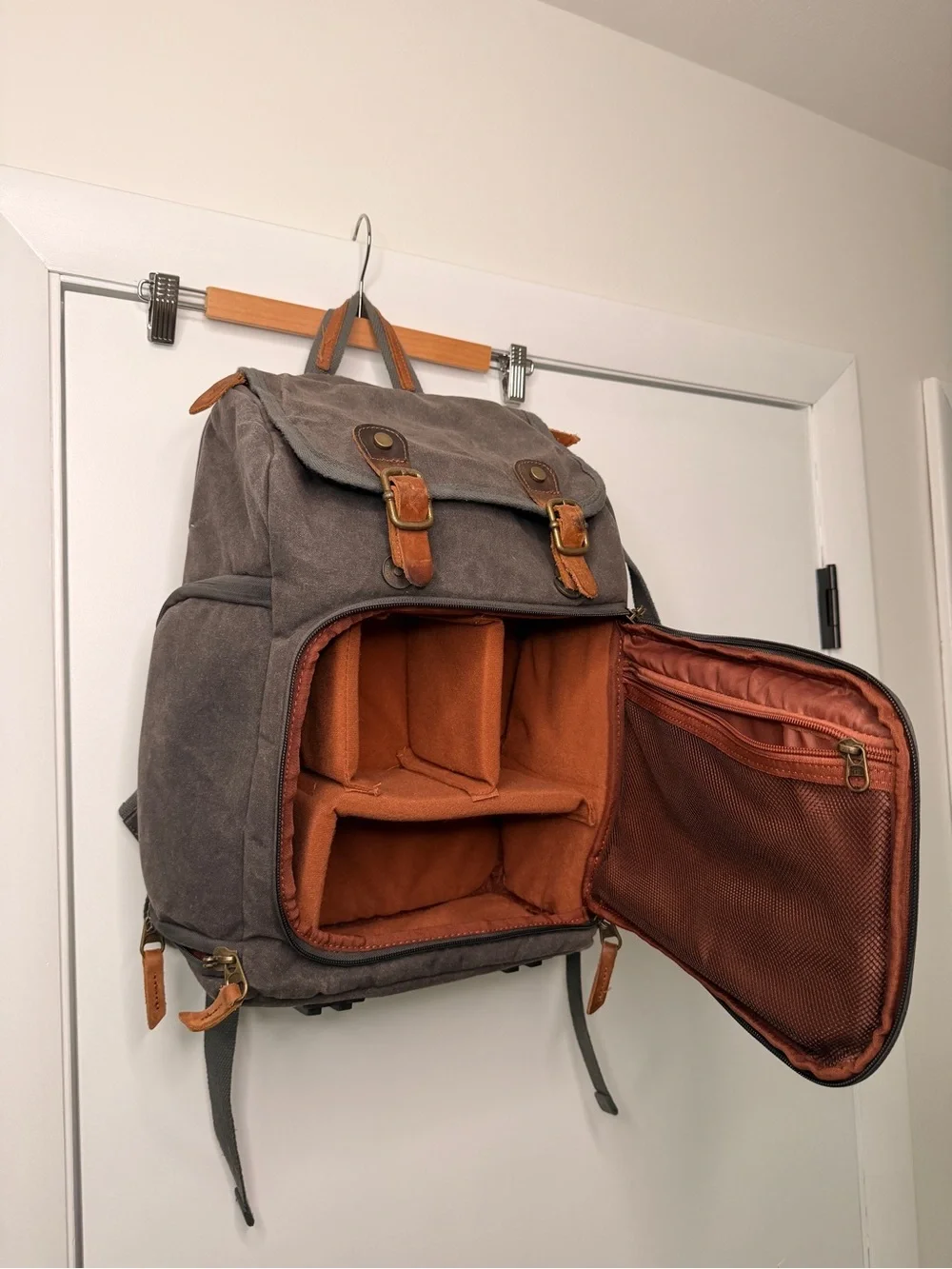 Canvas Camera Backpack for Men - Gray with Tan Accents